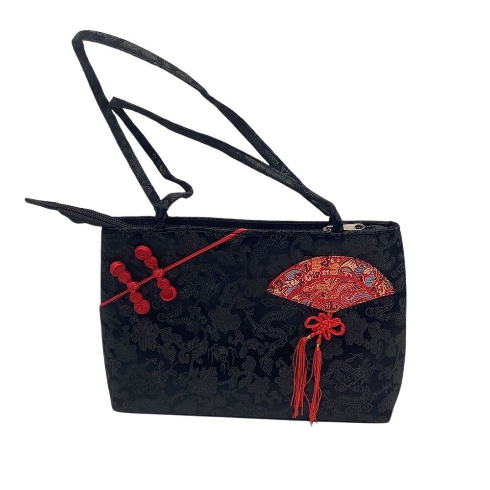 Women's Black Silk Embroidered Shoulder Bag with Knot Design
